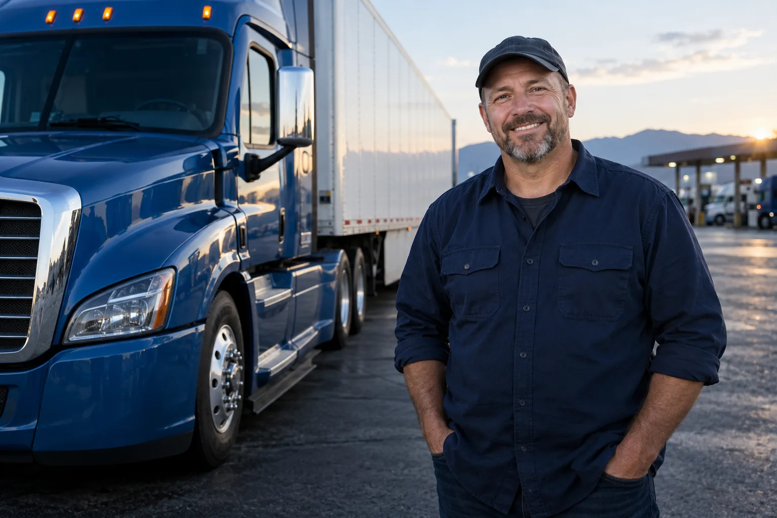 A Truck driver beside a blue semi Truck and trailer