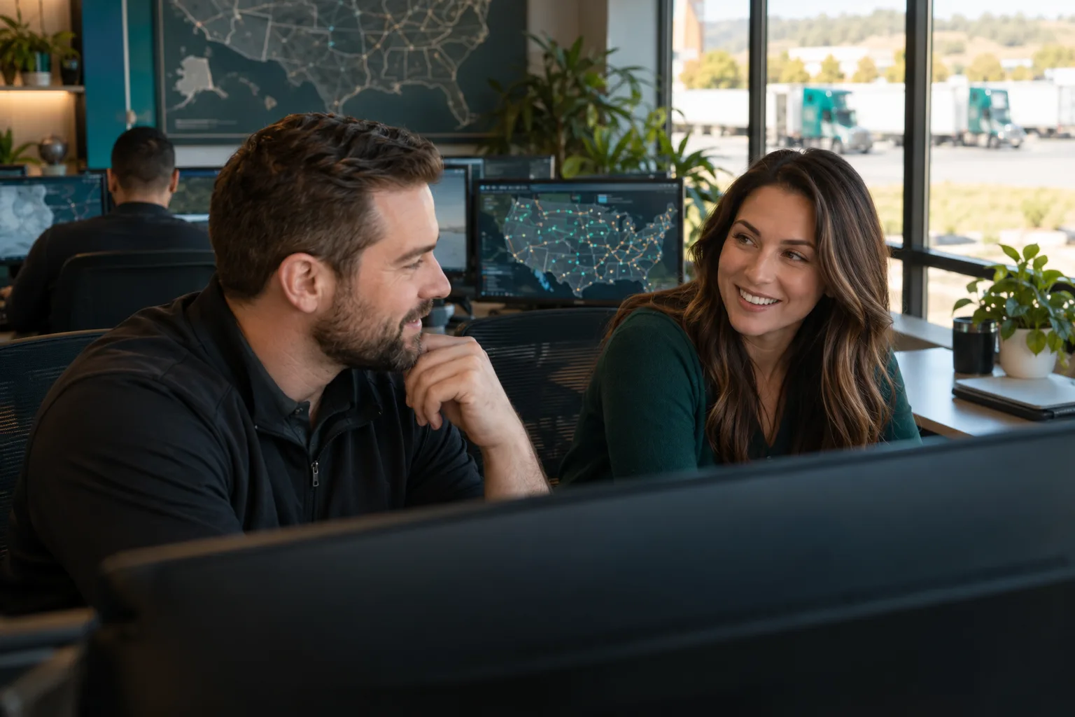 Two freight professionals reviewing information together at a dispatch workstation