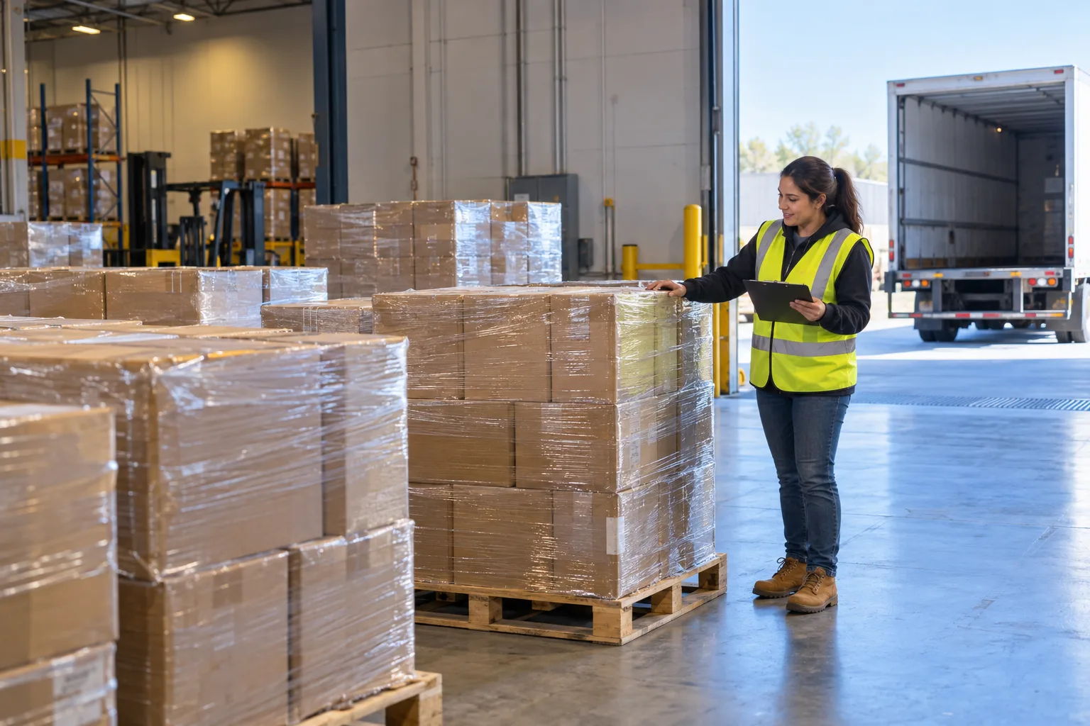 Wrapped freight pallets and a warehouse professional near a loading dock