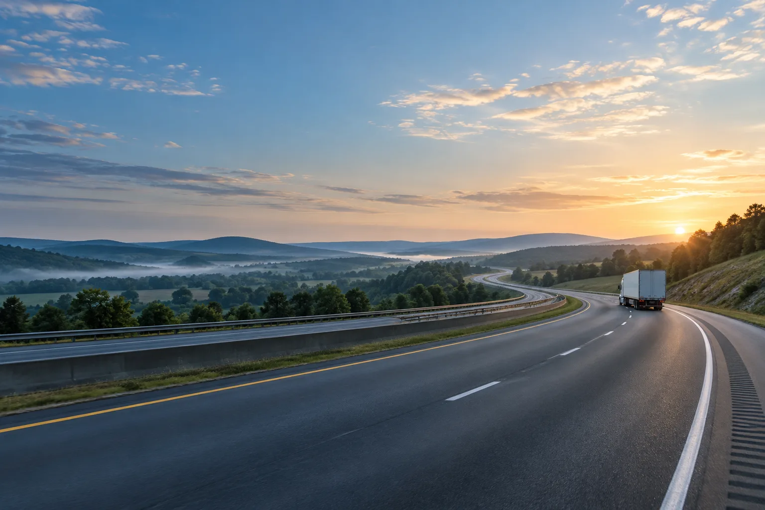 A semi Truck traveling along a winding interstate through open countryside