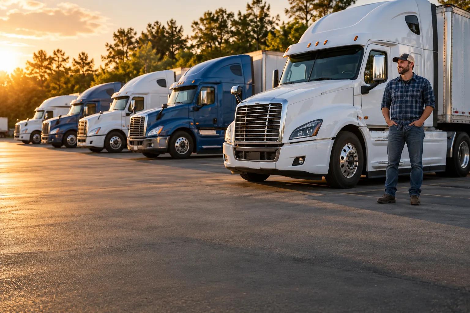 Semi Trucks and a driver at a freight terminal in warm evening light